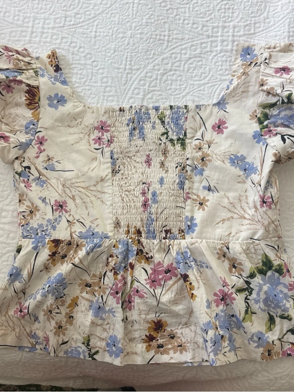 Floral Square-Neck Puff Sleeve Top - Cream
